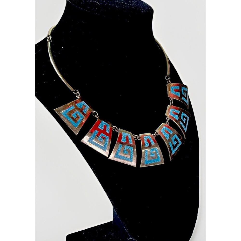 Vintage Mexico Alpaca Silver Turquoise Chip Inlay Collar Statement Necklace - Picture 3 of 12